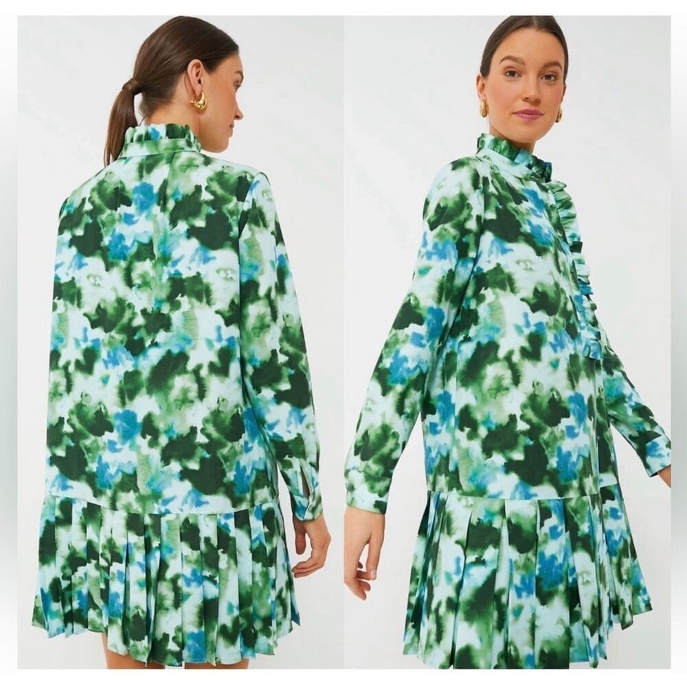 Tuckernuck Dress Womens Medium Green Deep Lagoon Tate Pleated Mini Long Sleeve - Picture 2 of 10